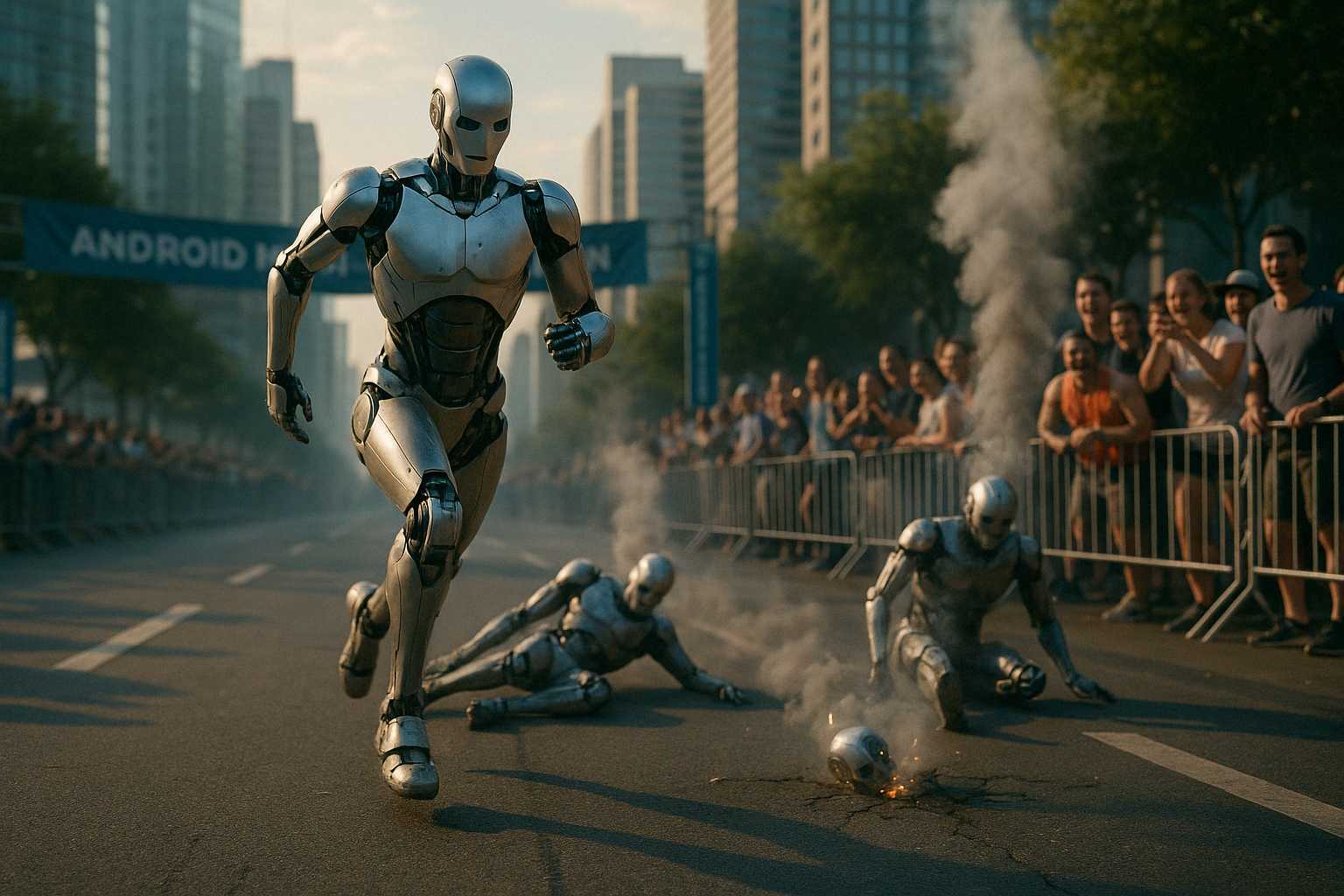 Chińczycy puścili roboty w półmaraton. Jeden się zapalił, drugi zgubił głowę. To trzeba zobaczyć!