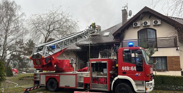 Pożar domu jednorodzinnego. Z żywiołem walczy kilkudziesięciu strażaków