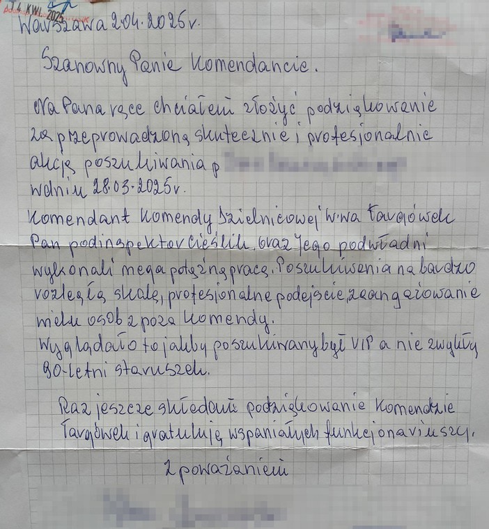 Napisał list do policji. „Wyglądało to, jakby był poszukiwany VIP”