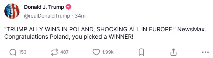 Donald Trump zabrał głos po wyborze Karola Nawrockiego. „Gratuluję Polsce”