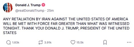 Donald Trump grozi Iranowi. „Odpowiedź o sile o wiele większej”