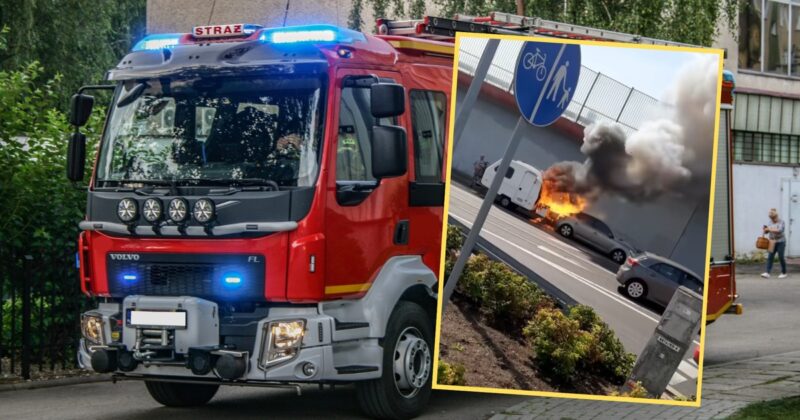 Przyczepa kempingowa stanęła w płomieniach. Sceny grozy na rondzie w Krakowie