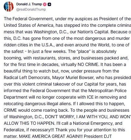 Donald Trump idzie dalej w sprawie Waszyngtonu. „Ogłoszę stan wyjątkowy”