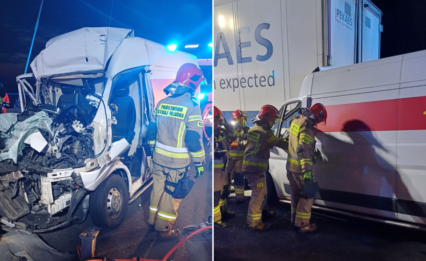 Bus wbił się w ciężarówkę na S3. Kierowca busa był zakleszczony
