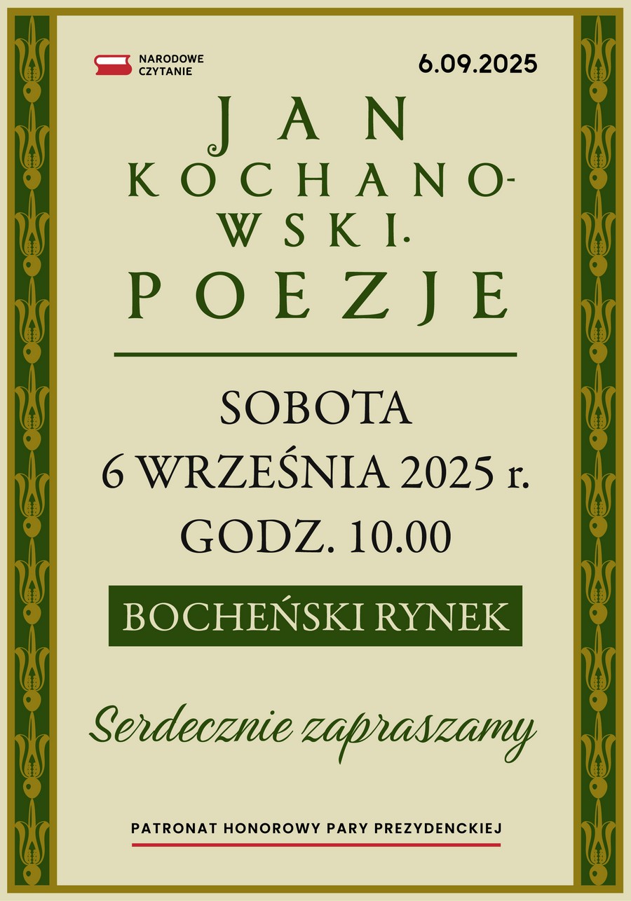 Narodowe Czytanie w Bochni. W sobotę poezja Kochanowskiego na Rynku