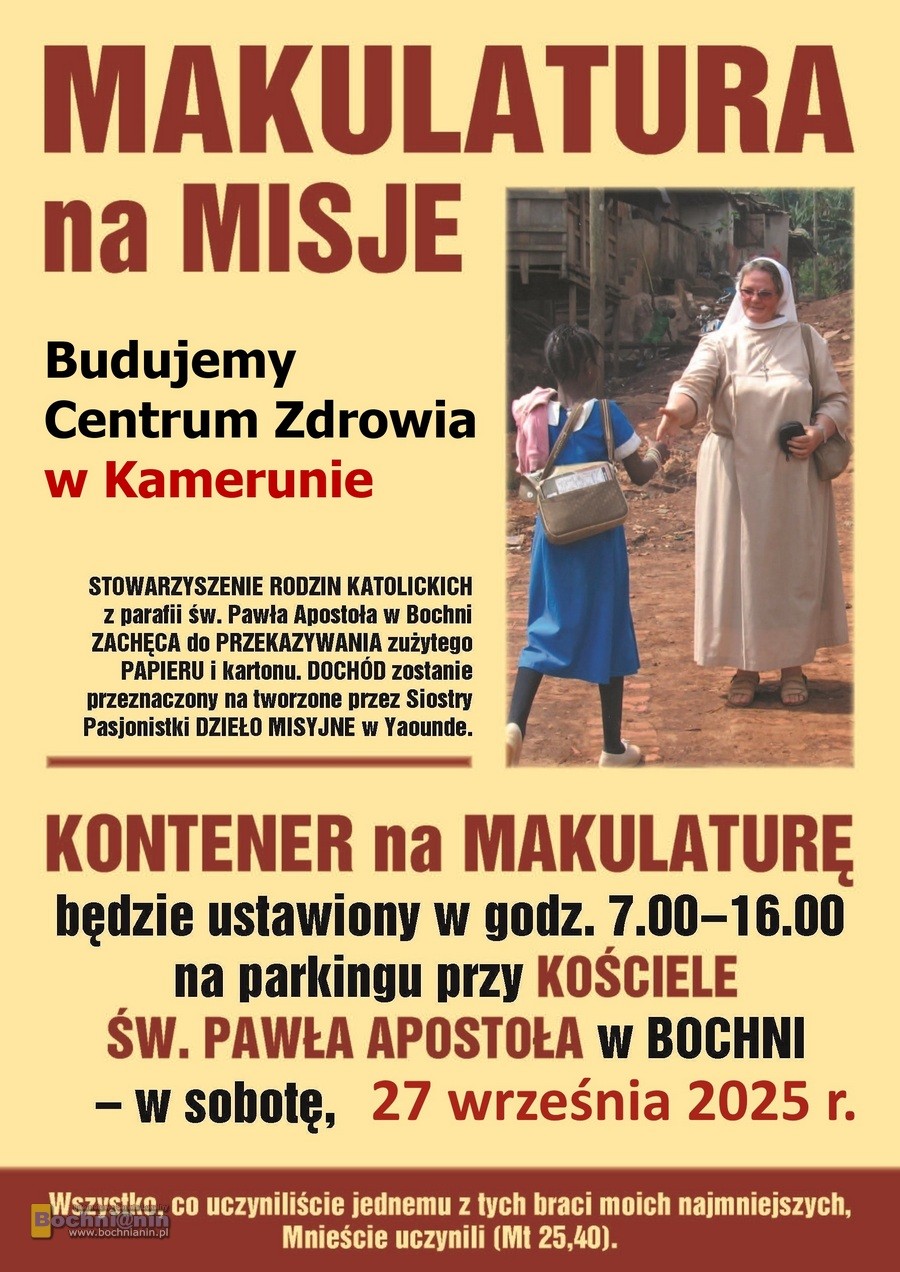 „Makulatura na misje” – kolejna zbiórka na pomoc w budowie Centrum Zdrowia dla dzieci w Kamerunie