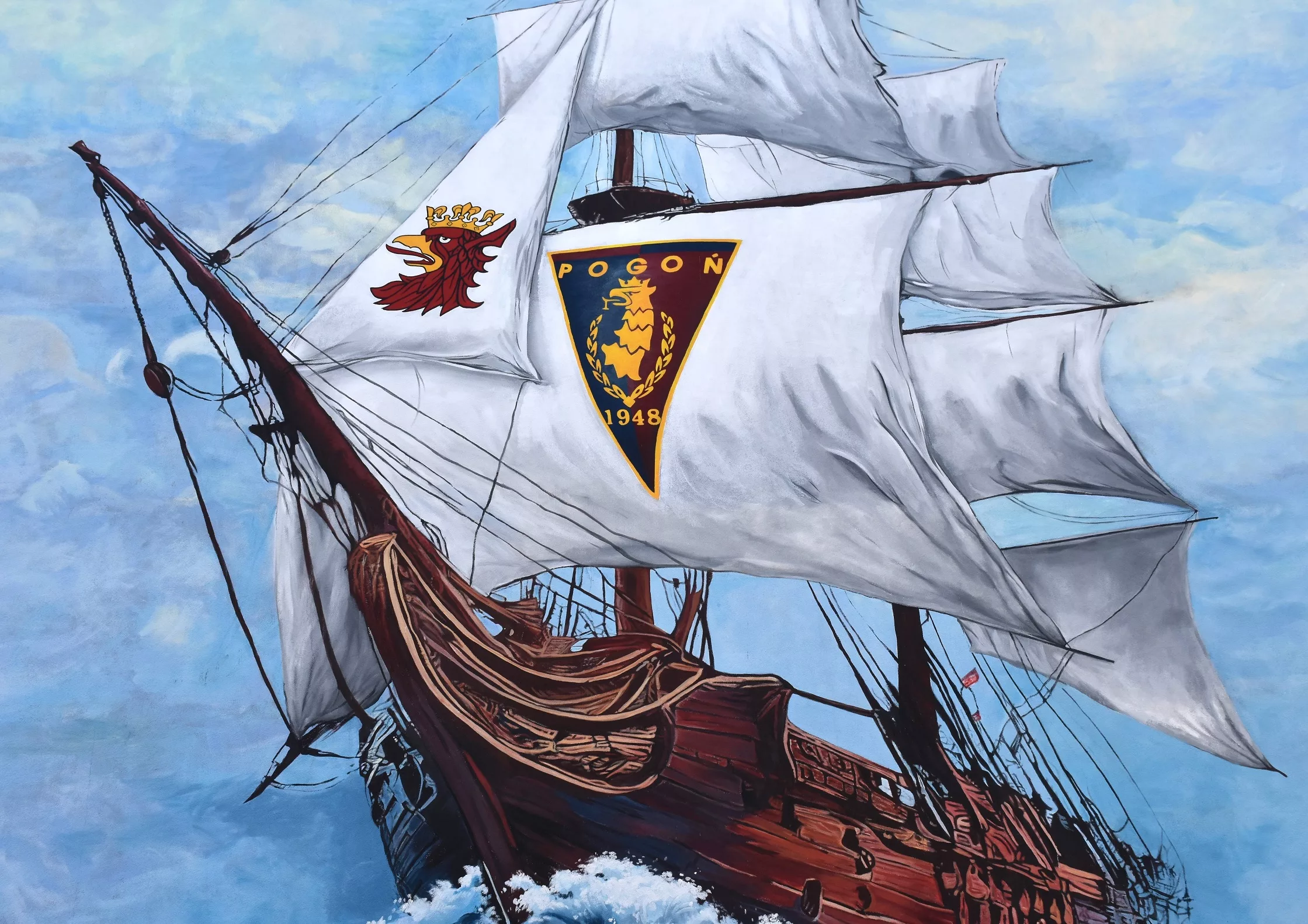 Pierwszy mural Dumy Pomorza gotowy! Okręt Pogoni Szczecin w centrum miasta