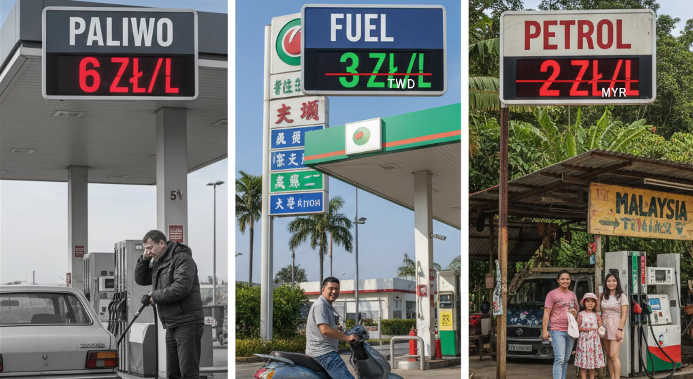 Paliwo po 6 zł w Polsce, po 3 zł na Tajwanie i po 2 zł w Malezji.