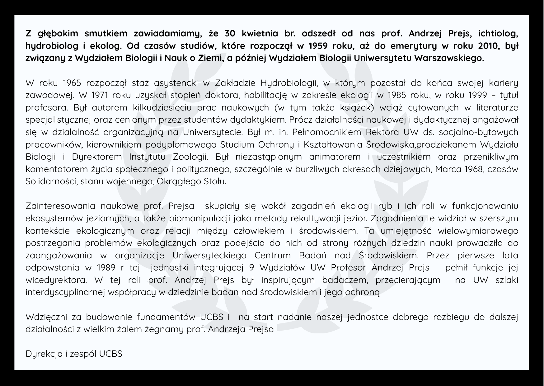 Pożegnanie prof. Andrzeja Prejsa